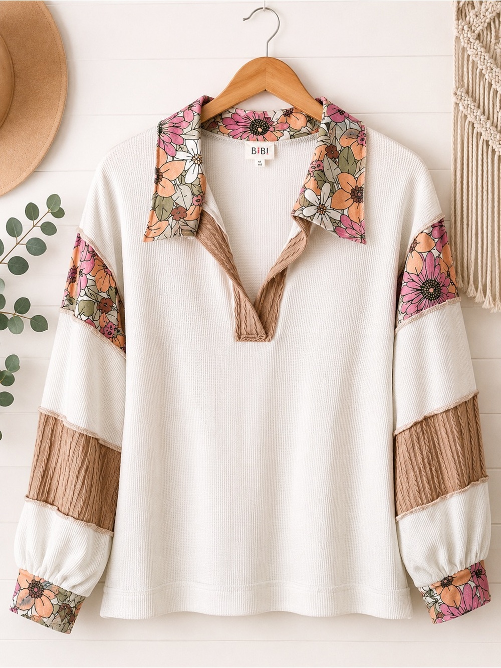 BiBi Floral Waffle Knit Color Block Pullover Top Size Medium Oversized